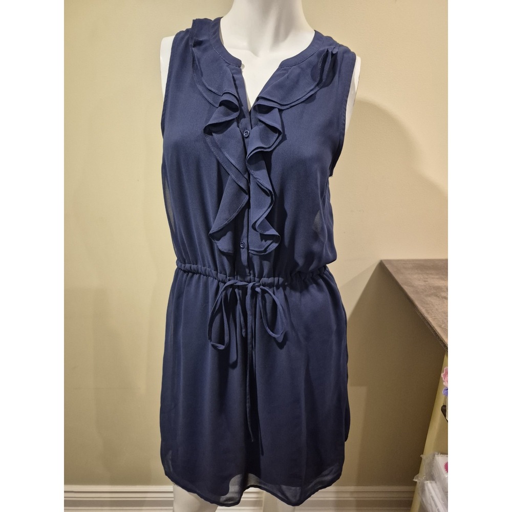 Dex Dress Navy Blue Sleeveless‎ V Neck Ruffles Elastic Waist Drawstring Size S